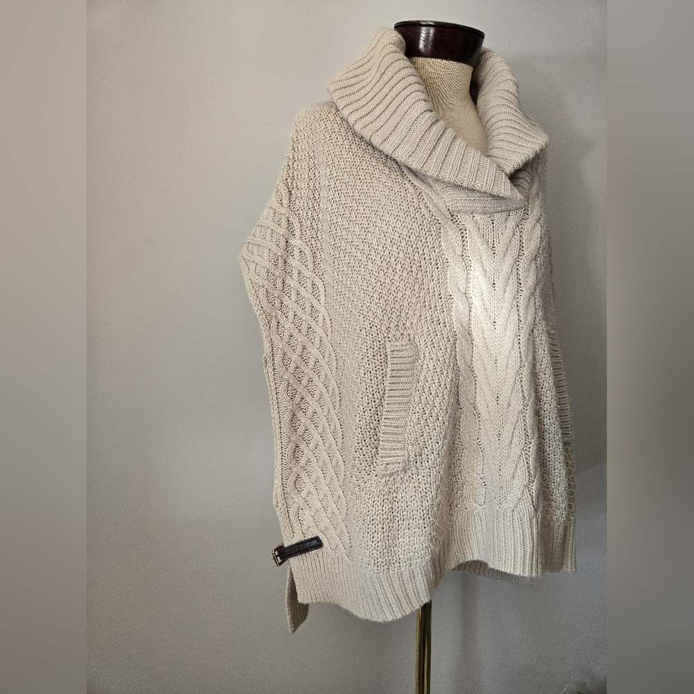 CLICHÉ COUTURE Shawl Neck Cream Cable Knit Sleeveless Wool Sweater Size Large - Picture 2 of 12